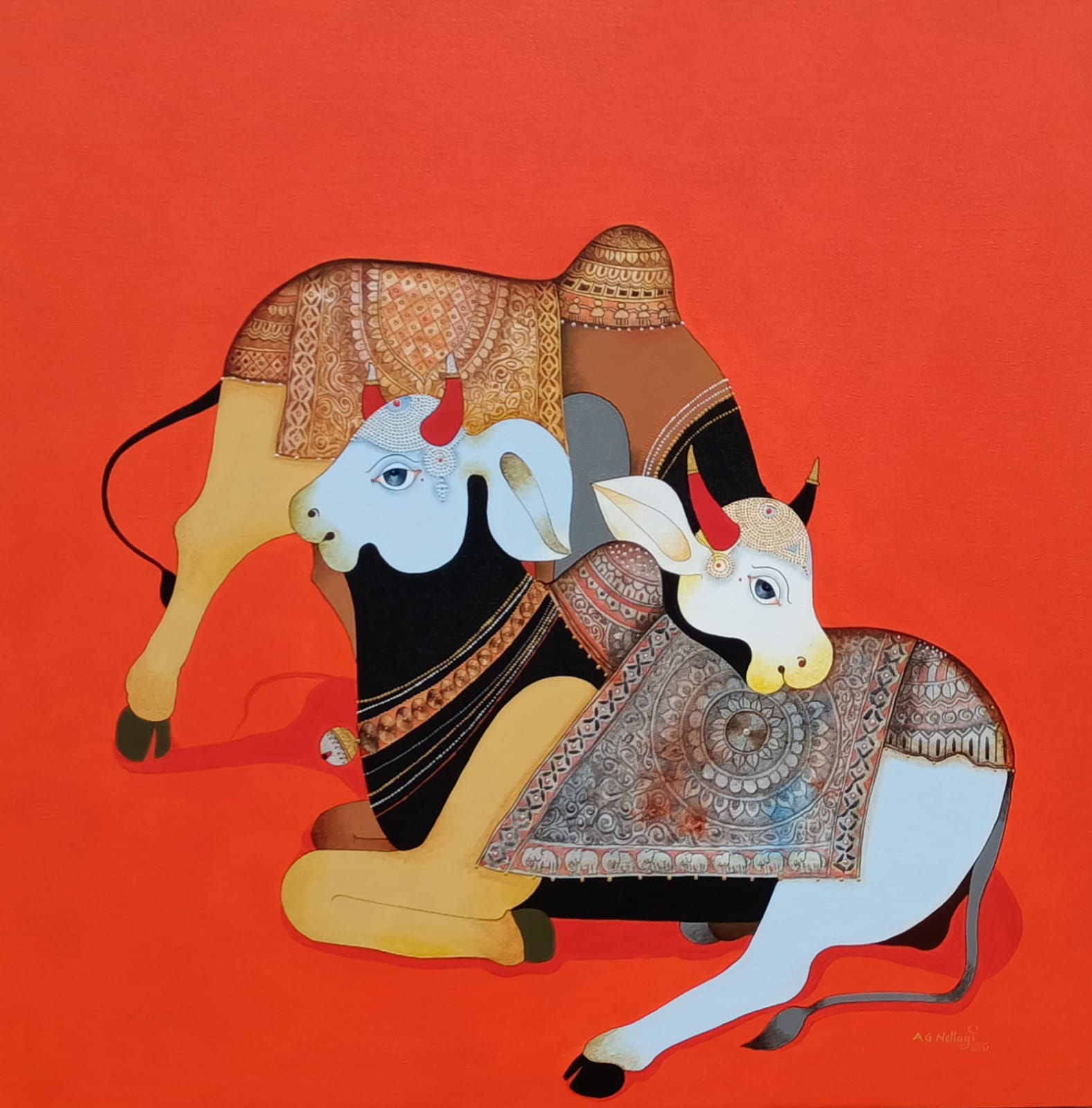 The Bull Family | Nandi Painting | AG Nellagi |  36" x 36" | Acrylic on canvas