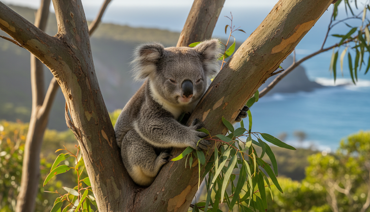 Close-up view of a koala resting in a eucalyptus tree