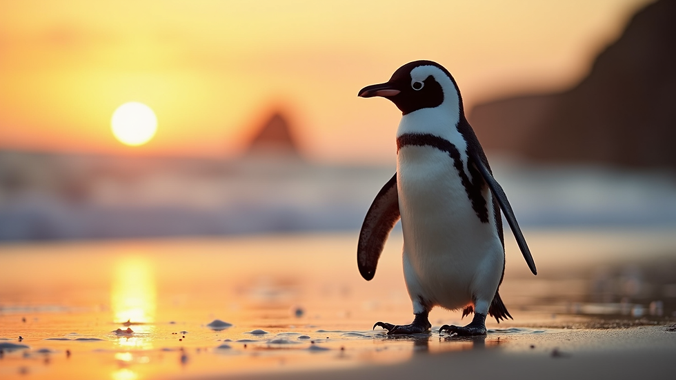 Close-up view of a little penguin walking on the beach at sunset