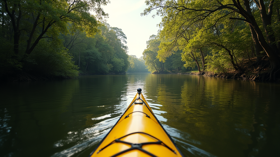 Eye-level view of a kayak gliding on the calm Yarra River surrounded by green trees
