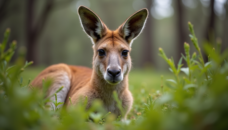 Eye-level view of a kangaroo resting in the green bushland of Mornington Peninsula