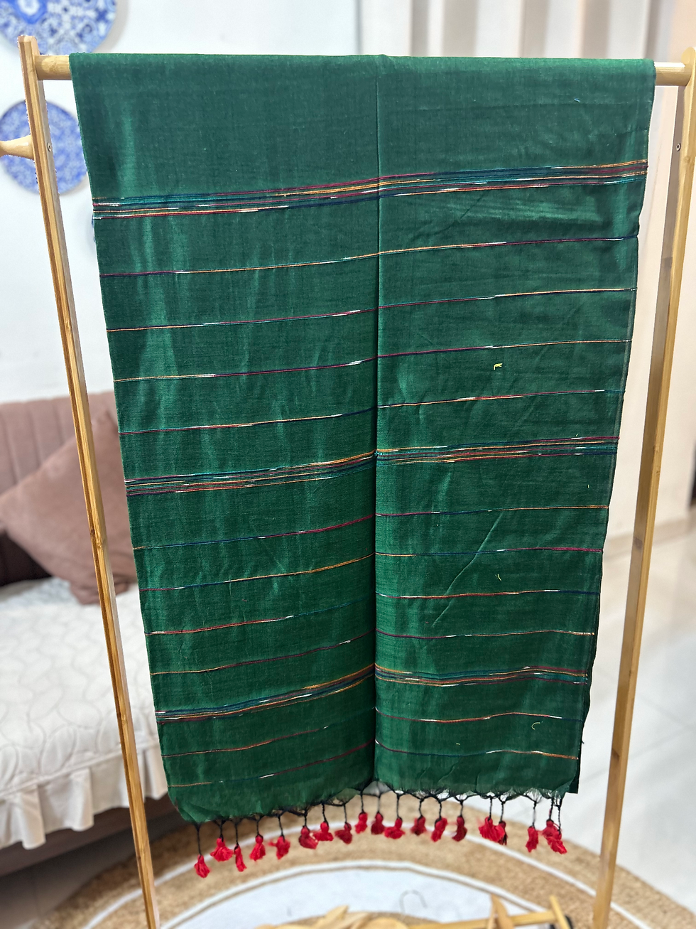 Thumbnail: Khadi Cotton Bottle Green Saree