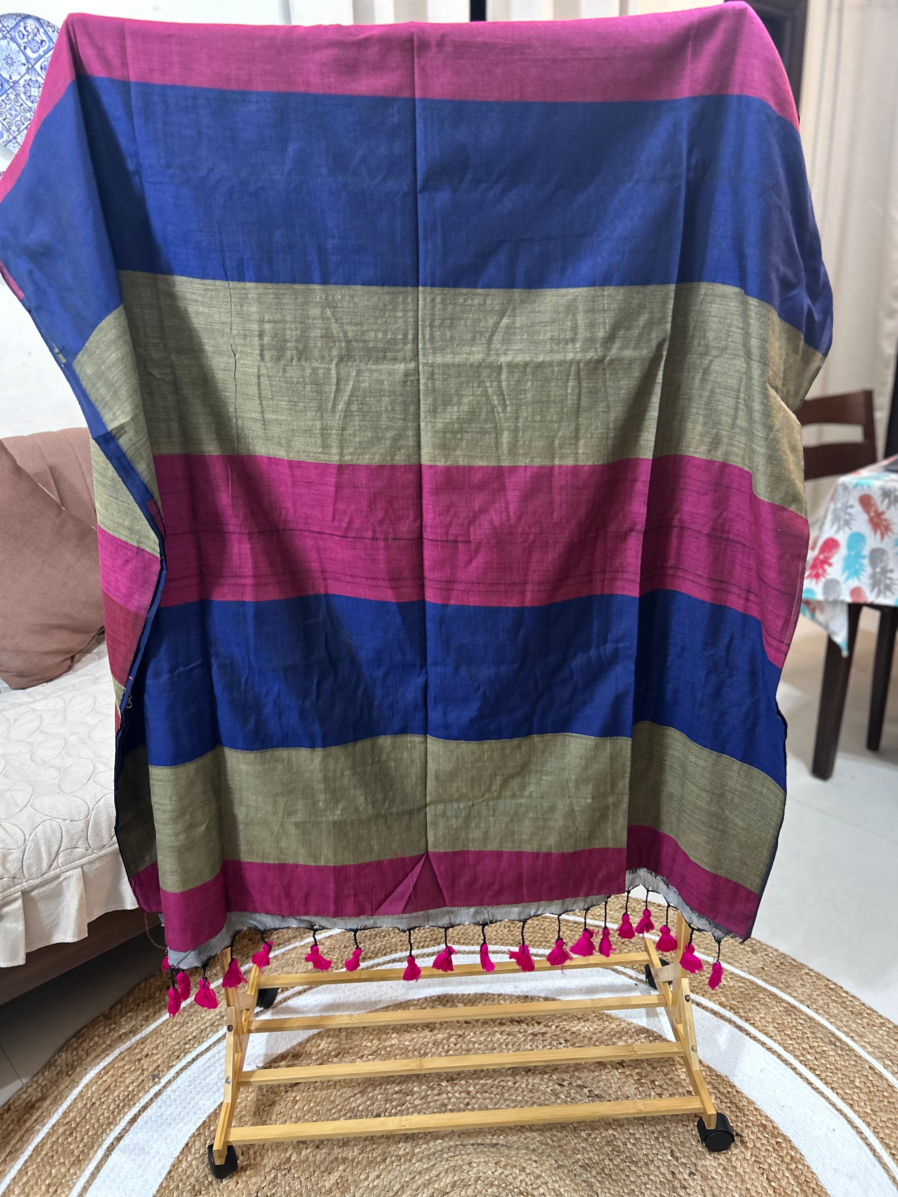 Multicolour Khadi Cotton Navyblue Magenta Saree