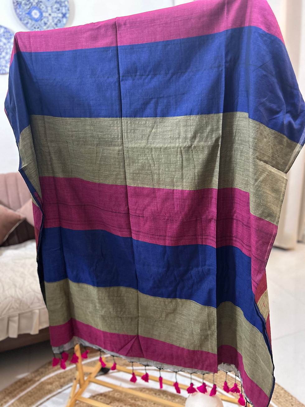 Thumbnail: Multicolour Khadi Cotton Navyblue Magenta Saree