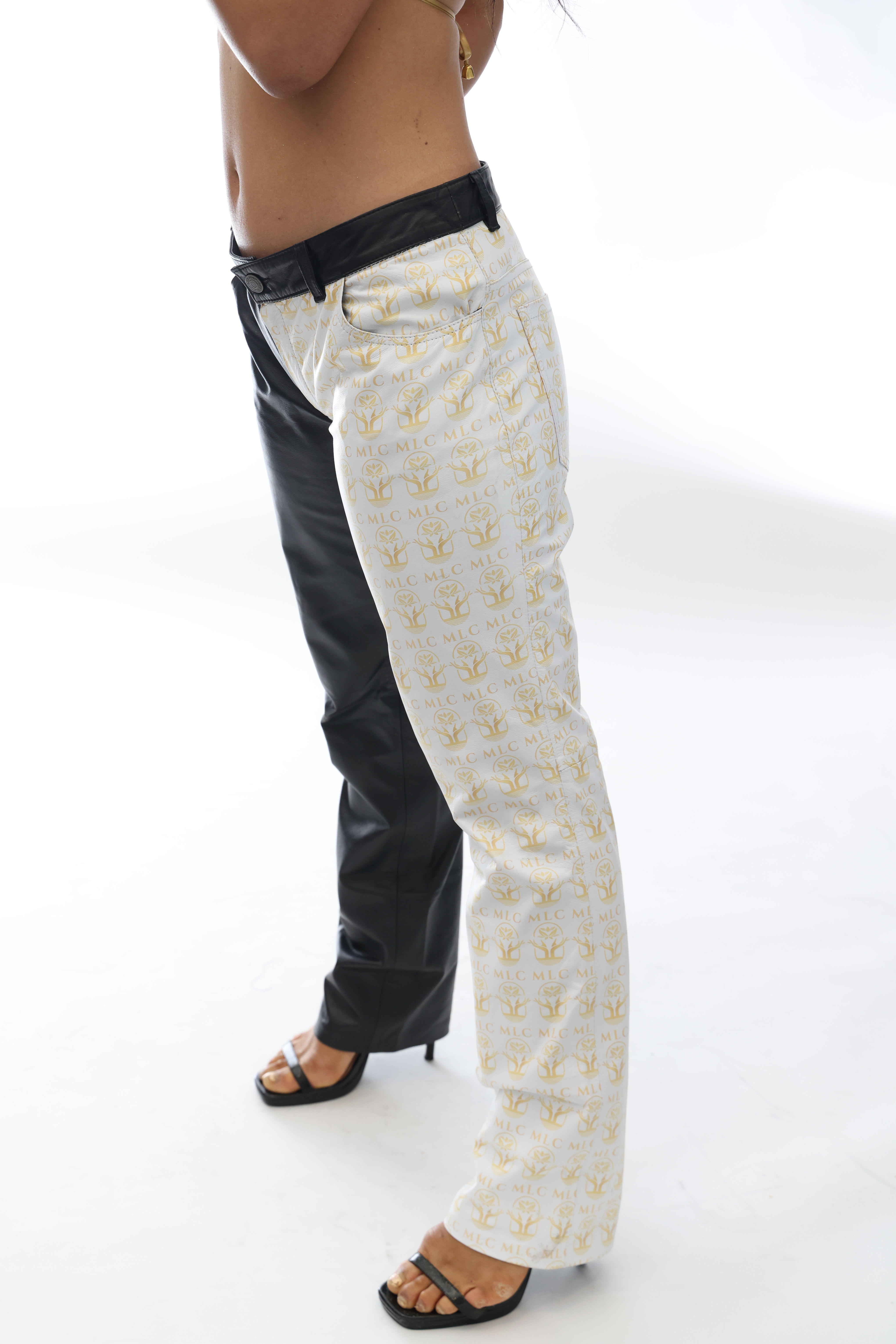 Leather pants MLC logo white and gold