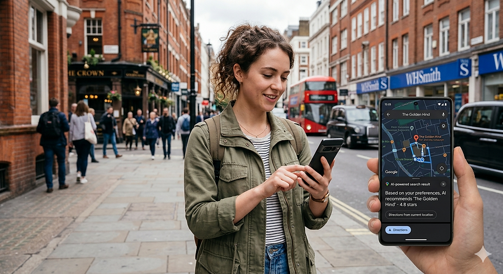 หญิงสาวใช้แอปพลิเคชัน Google Maps ที่มี AI ช่วยแนะนำ สถานที่ในใจกลางเมืองที่พลุกพล่าน