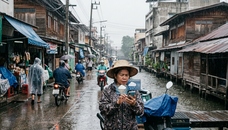 Wide-angle view of a Thai riverside neighborhood during heavy rain with a person checking a map on a smartphone
