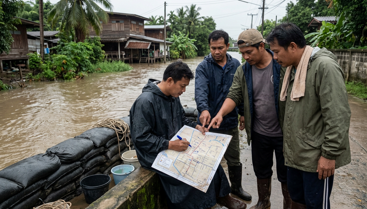 Eye-level view of local rescue volunteers marking flood levels on a street map beside a canal in Thailand