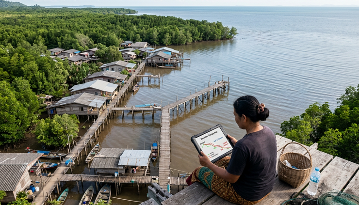 High-angle view of a coastal Thai village with mangroves and a tablet showing a generic shoreline change map