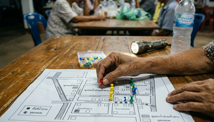 Close-up view of a hand placing colored pins on a printed neighborhood flood preparedness map in Thailand