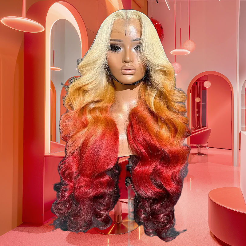 Body wave texture of Ombre 613 orange red human hair wig displayed in soft, defined waves.