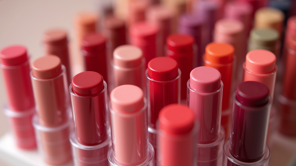 High angle view of a display of colorful handmade lip gloss tubes