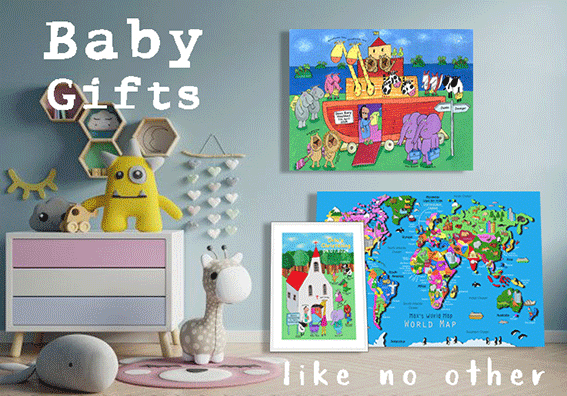 Eye-level view of a personalised baby wall art hanging on a nursery wall