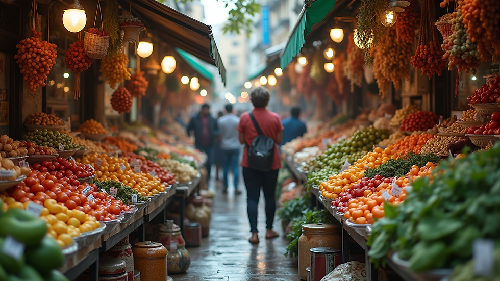 Wide angle view of a bustling marketplace filled with diverse products