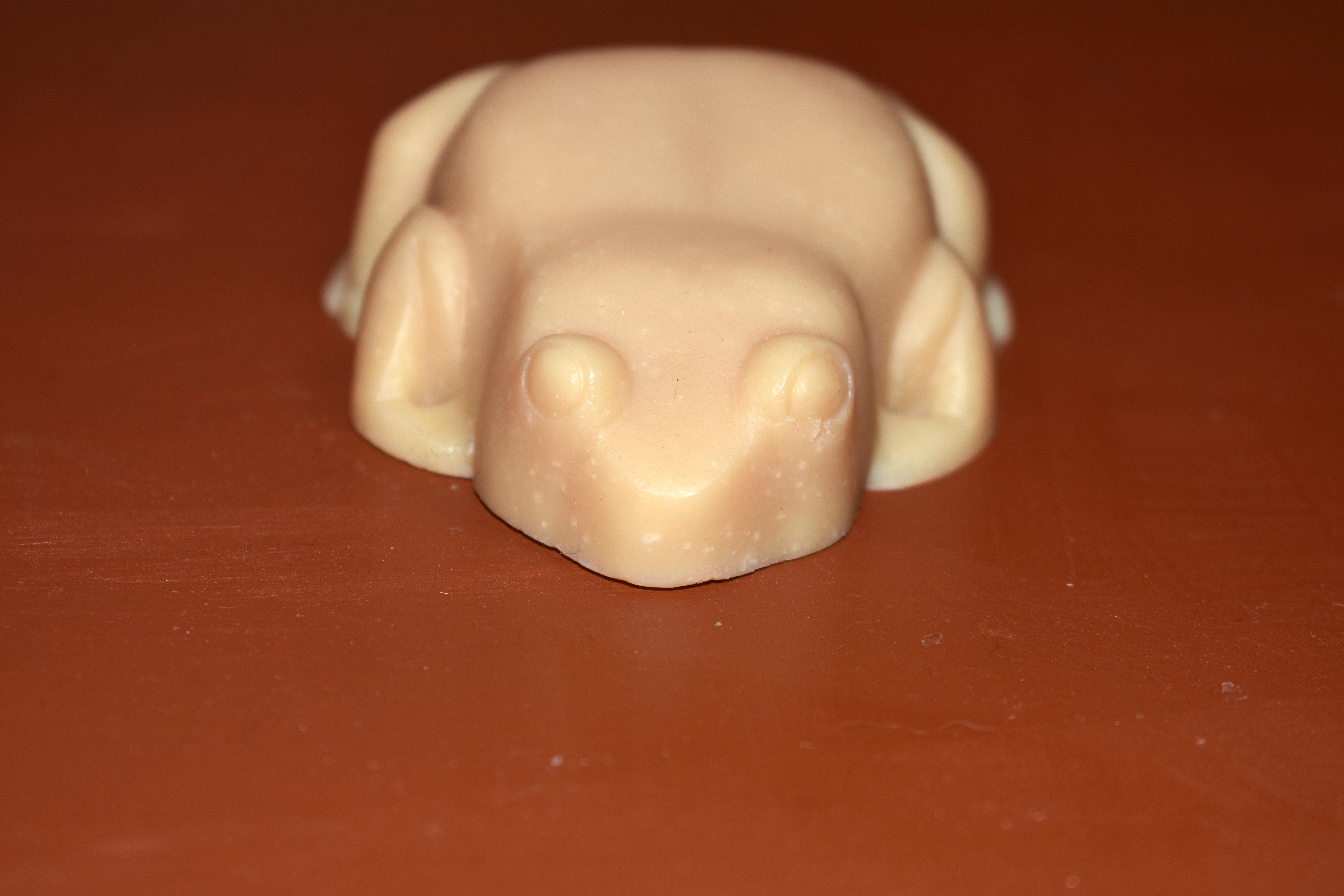 A head on view of a frog shaped soap.