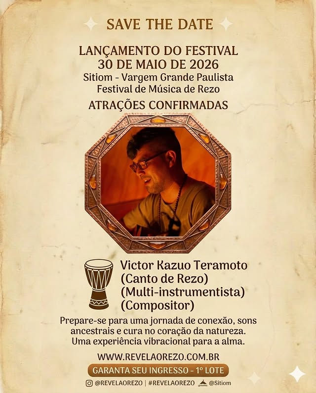 Festival Revela o Rezo. Participação de Victor Teramoto. Dia 30 de maio de 2026.