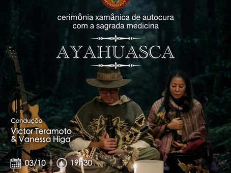 Curandeiros Victor Teramoto e Vanessa Higa realizando o rezo de abertura da cerimônia com a medicina Ayahuasca