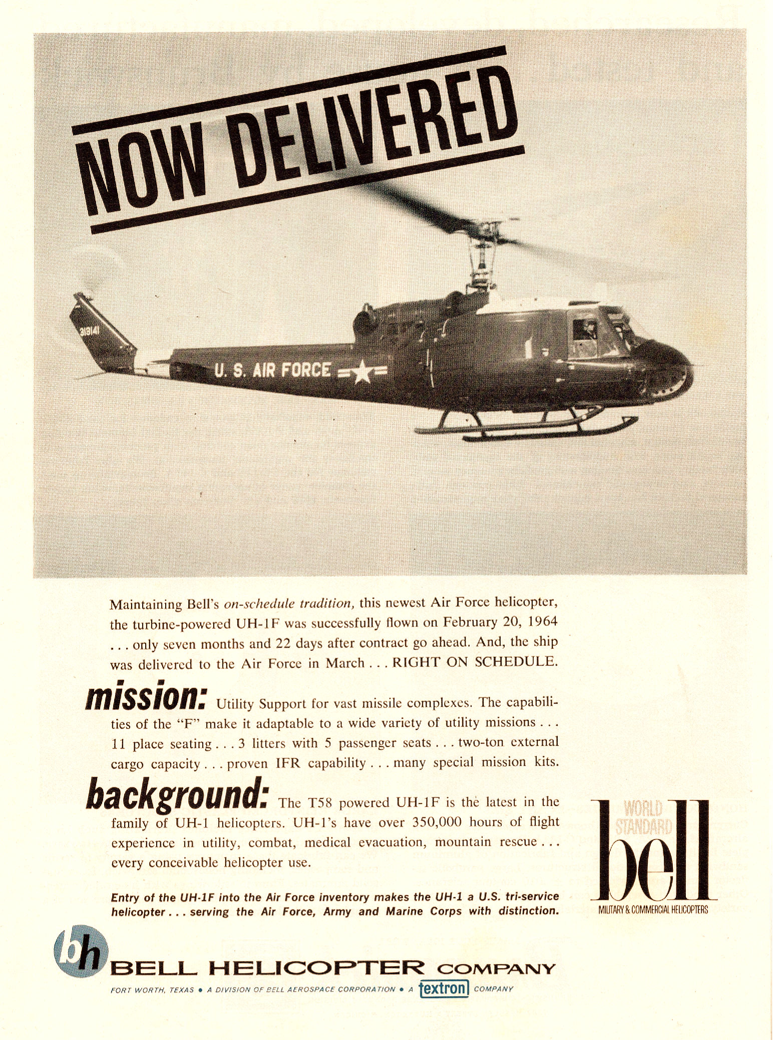 Viet Nam Conflict-Era 1964 Bell UH-1 Iroquois "Now Delivered" Helicopter Advert