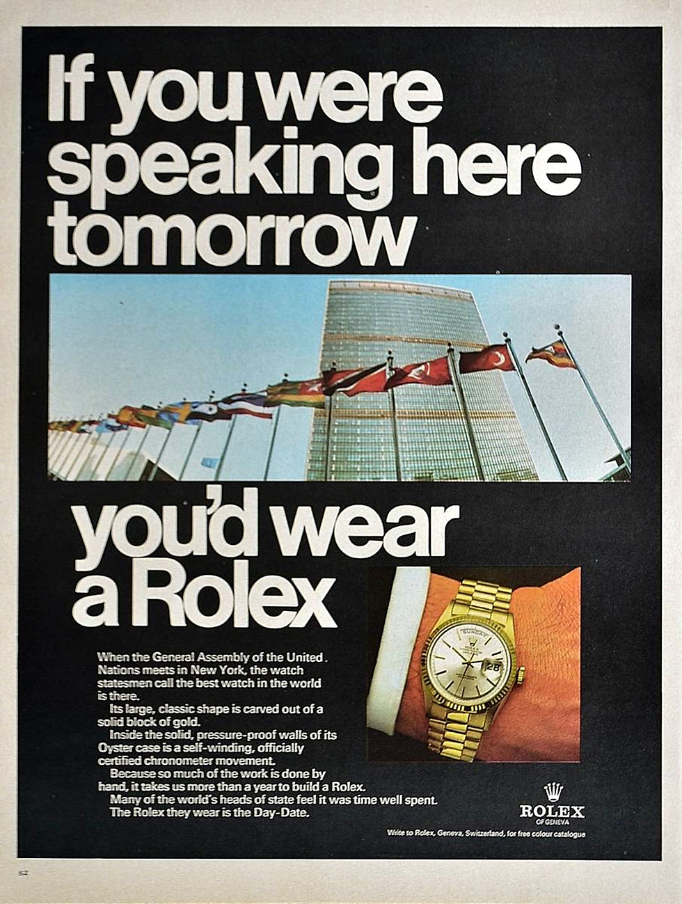 1960s Rolex Day-Date "If You Were Speaking Here..." United Nations Advert, Color