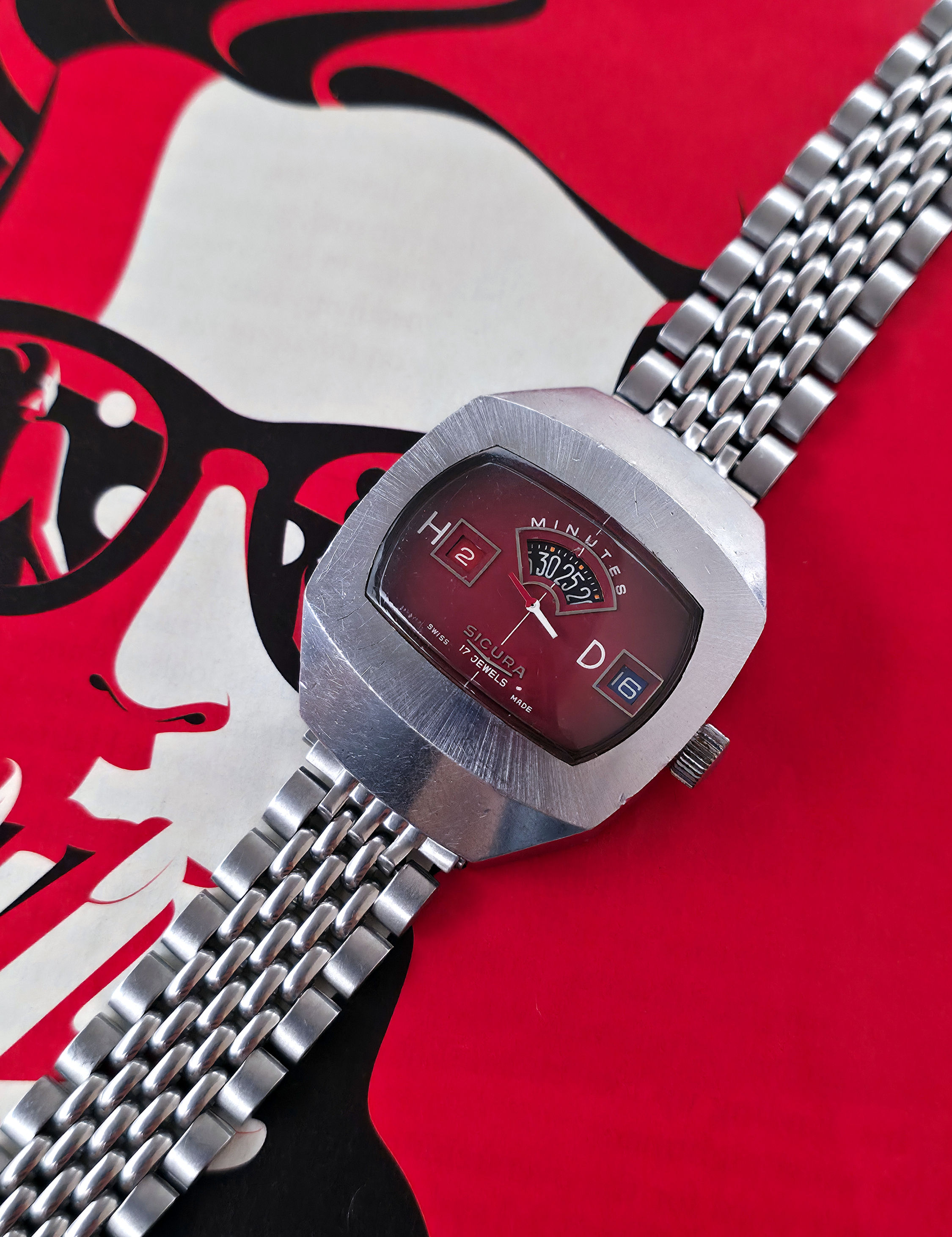 1970s Sicura Jump Hour Mechanical Watch, Red Dial Variant