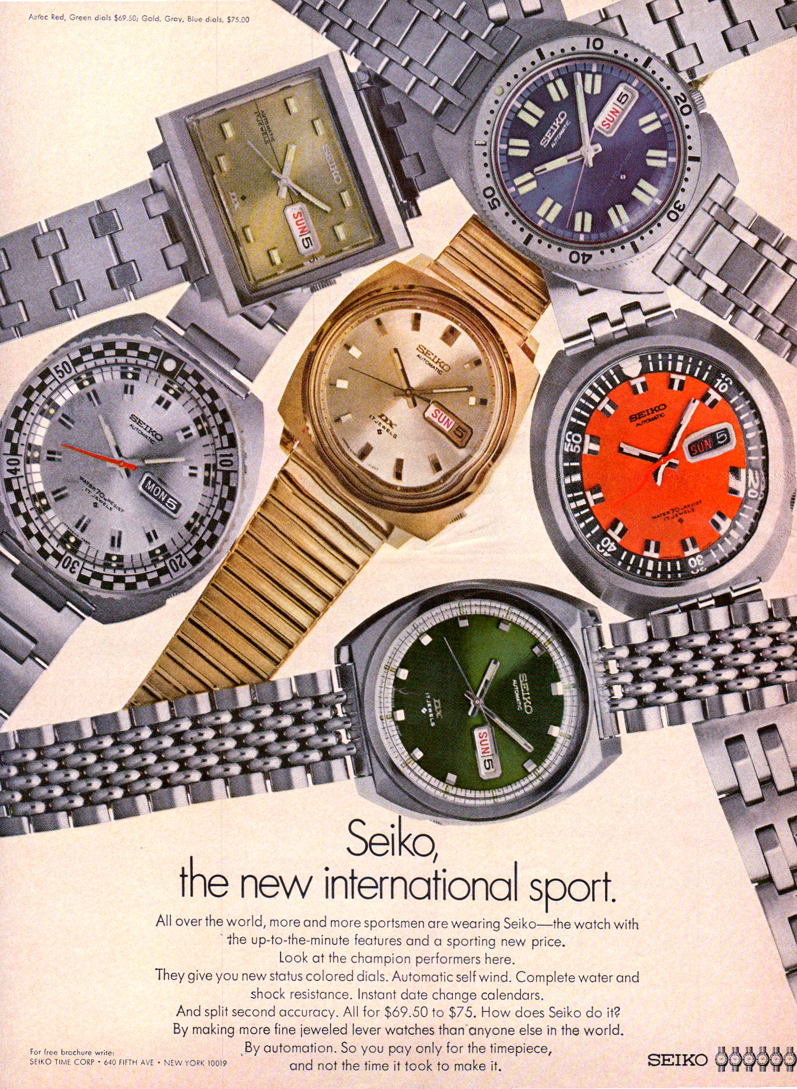 Early 1970s Seiko "The New International Sport" Automatic Watch Advertisement