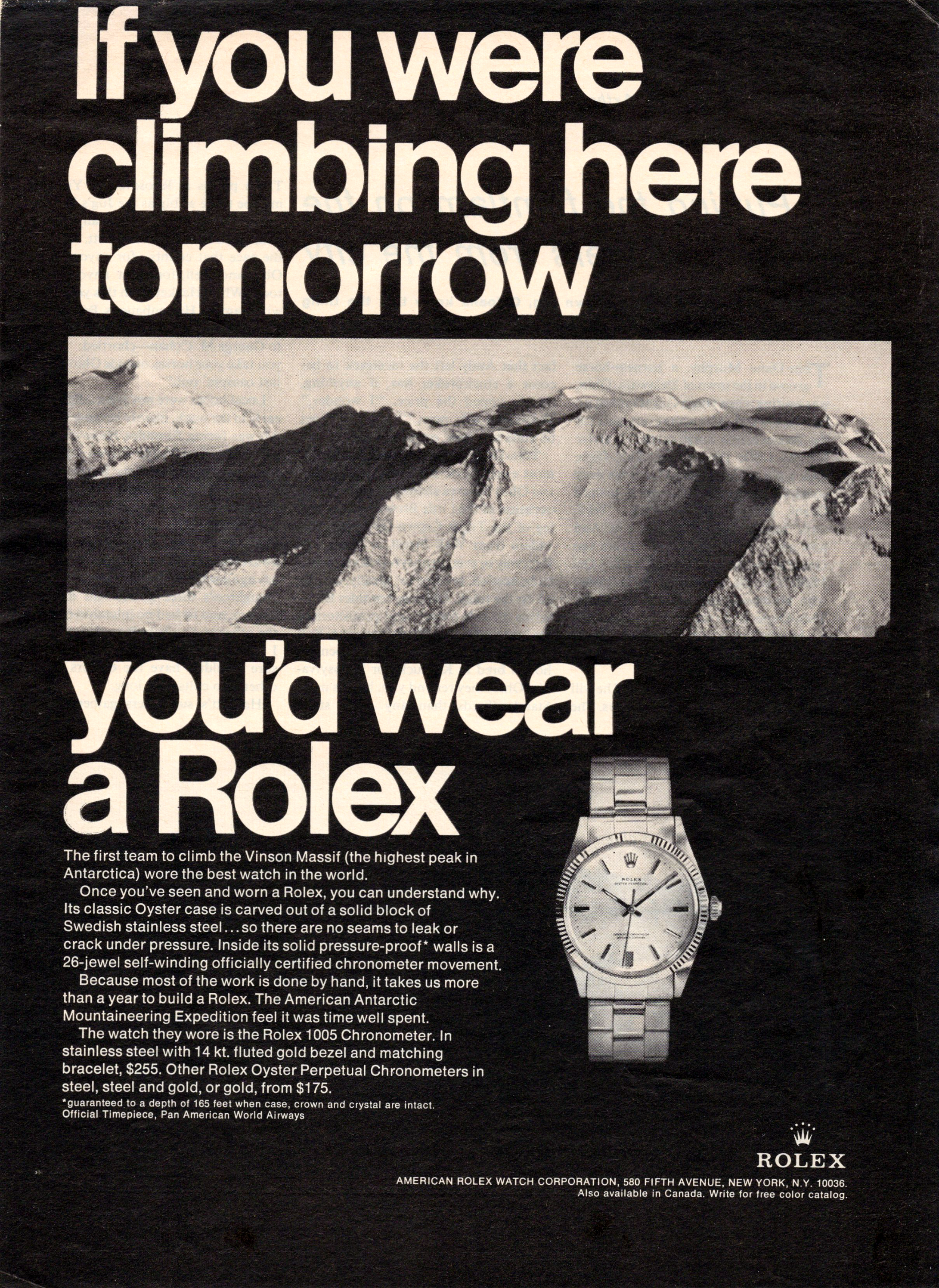 1960s Rolex Ref. 1005 Chronometer "If you were climbing here tomorrow..." Advert