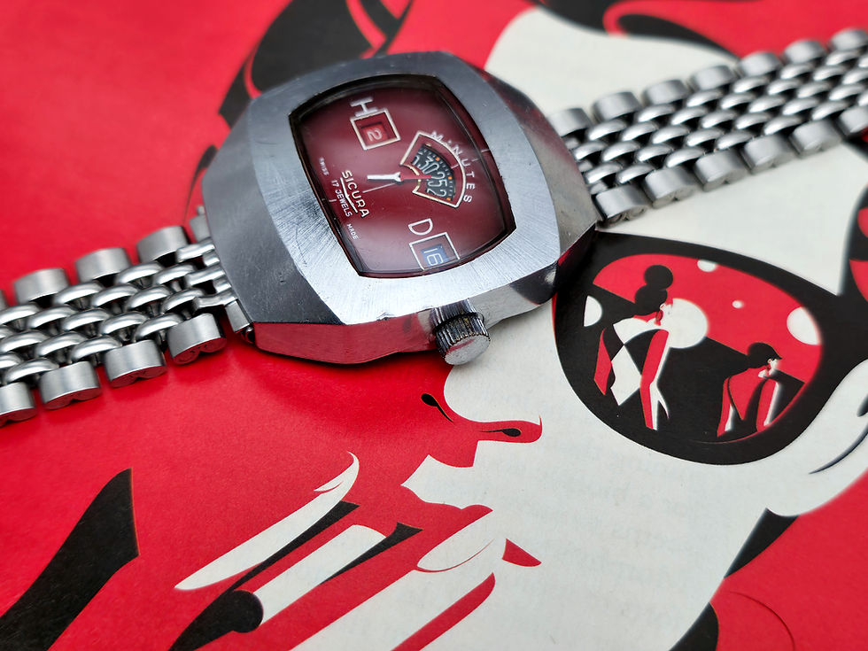 Thumbnail: 1970s Sicura Jump Hour Mechanical Watch, Red Dial Variant