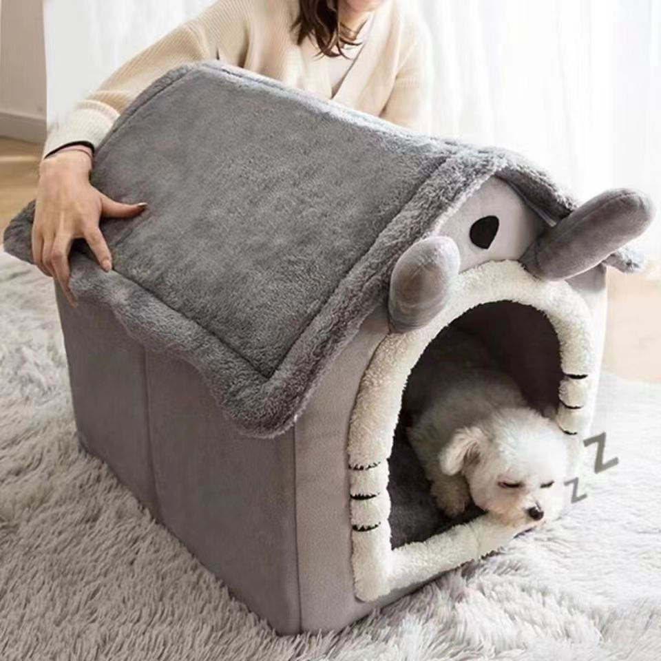 Thumbnail: All-Season Coral Fleece Dog House Bed – Removable & Washable, S/M/L