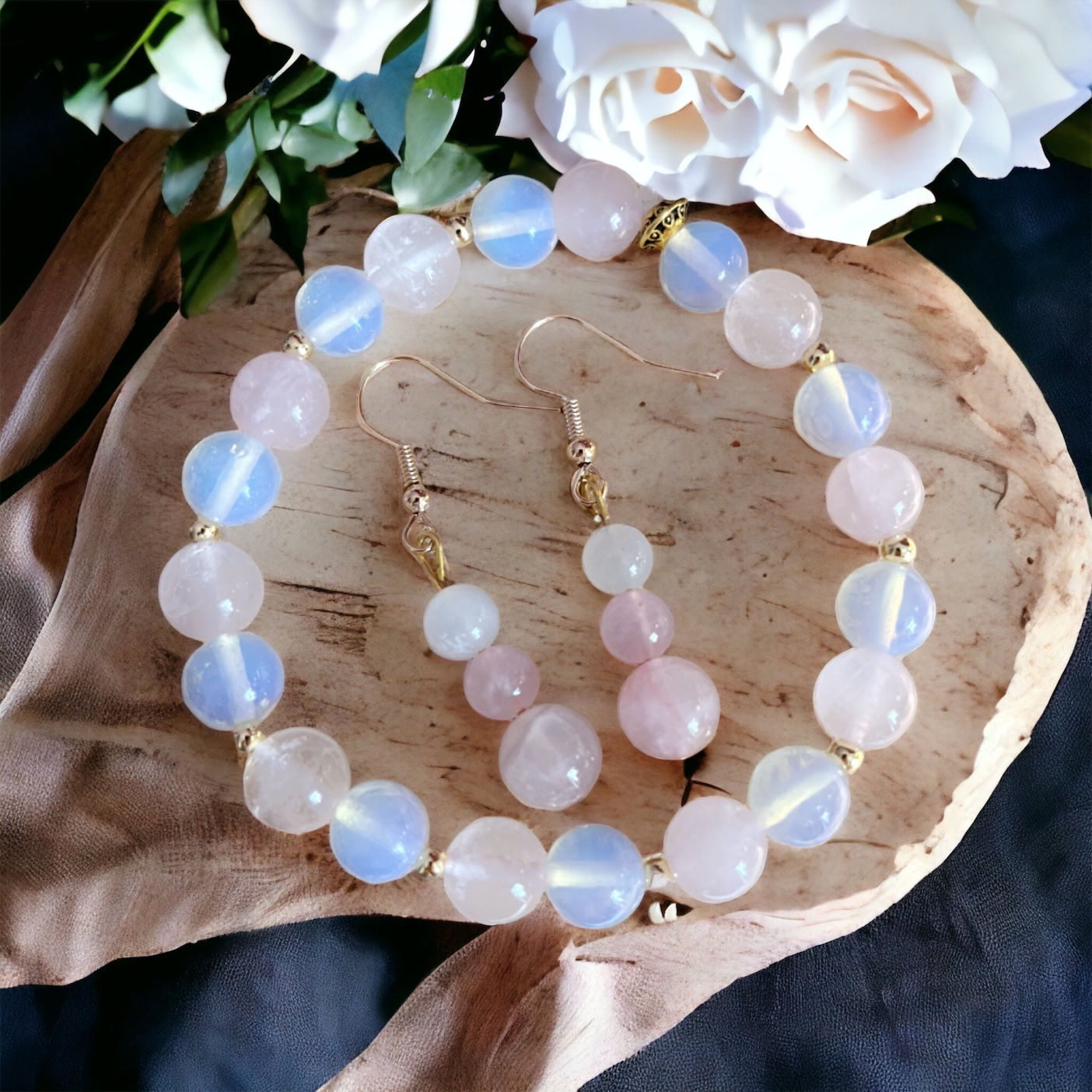 Parure bracelet et boucles d’oreilles Quartz rose et Pierre de lune