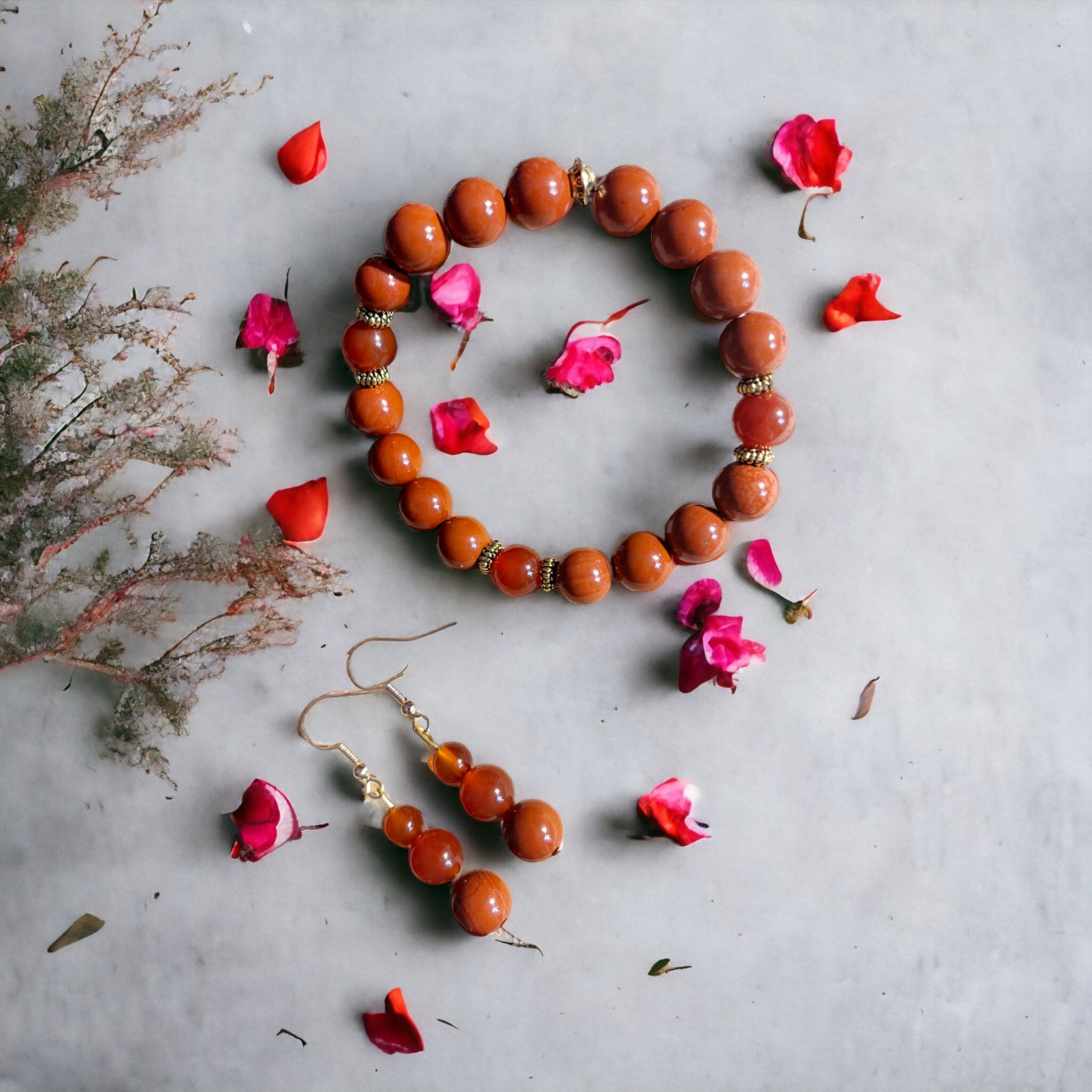 Parure bracelet soin et boucles d’oreilles Jadpe rouge et Cornaline