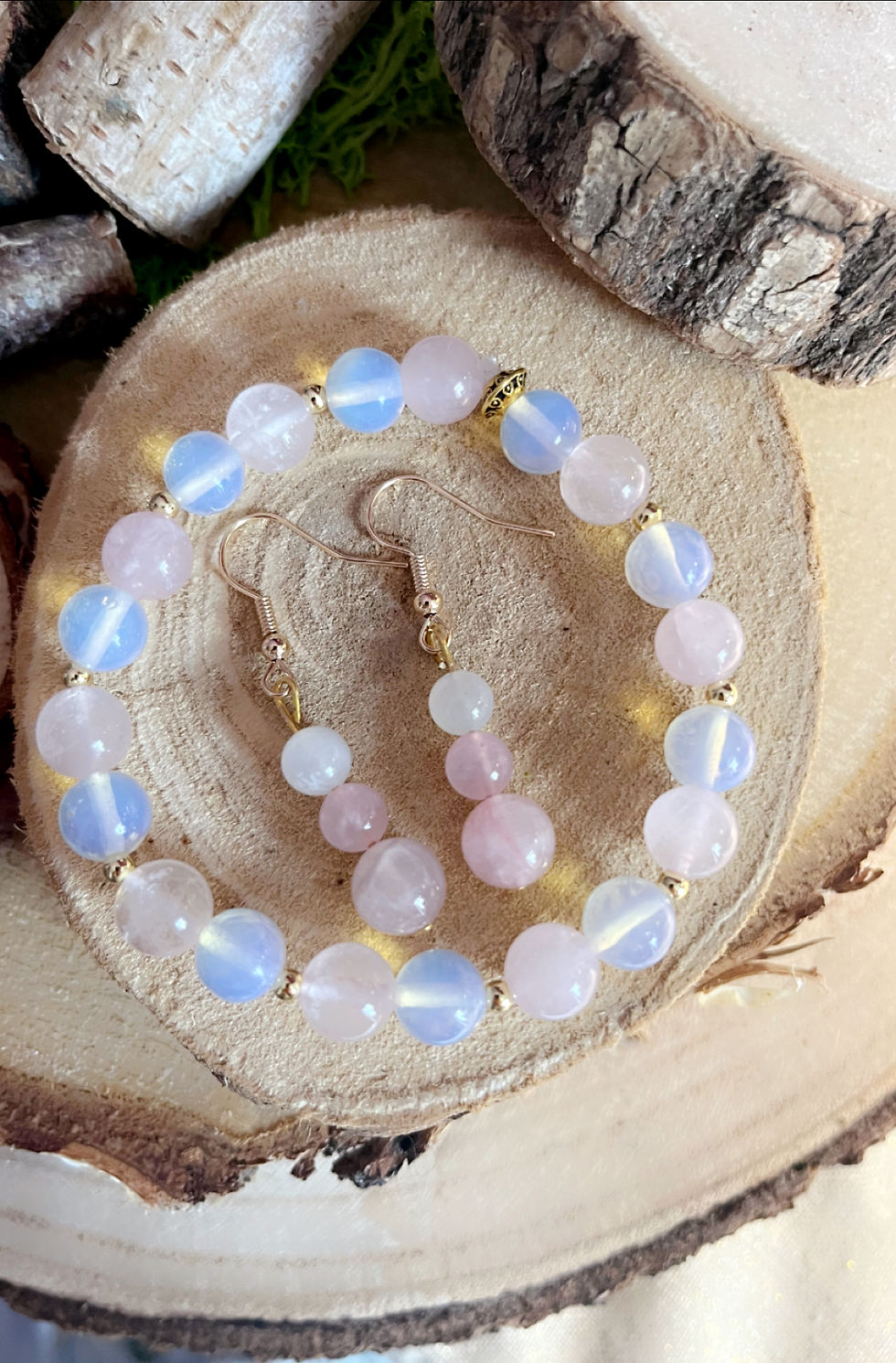 Miniature : Parure bracelet et boucles d’oreilles Quartz rose et Pierre de lune