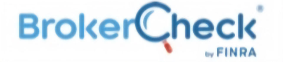 Blue "BrokerCheck" logo with a magnifying glass highlighting the "C," and red handle. Text "by FINRA" below. Bright, professional design.