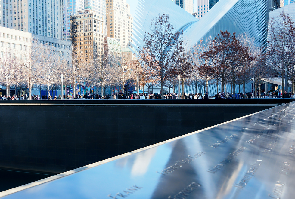 People gather near 9/11 Memorial's reflecting pools with names inscribed. Winter trees and skyscrapers fill background. Calm, solemn mood.