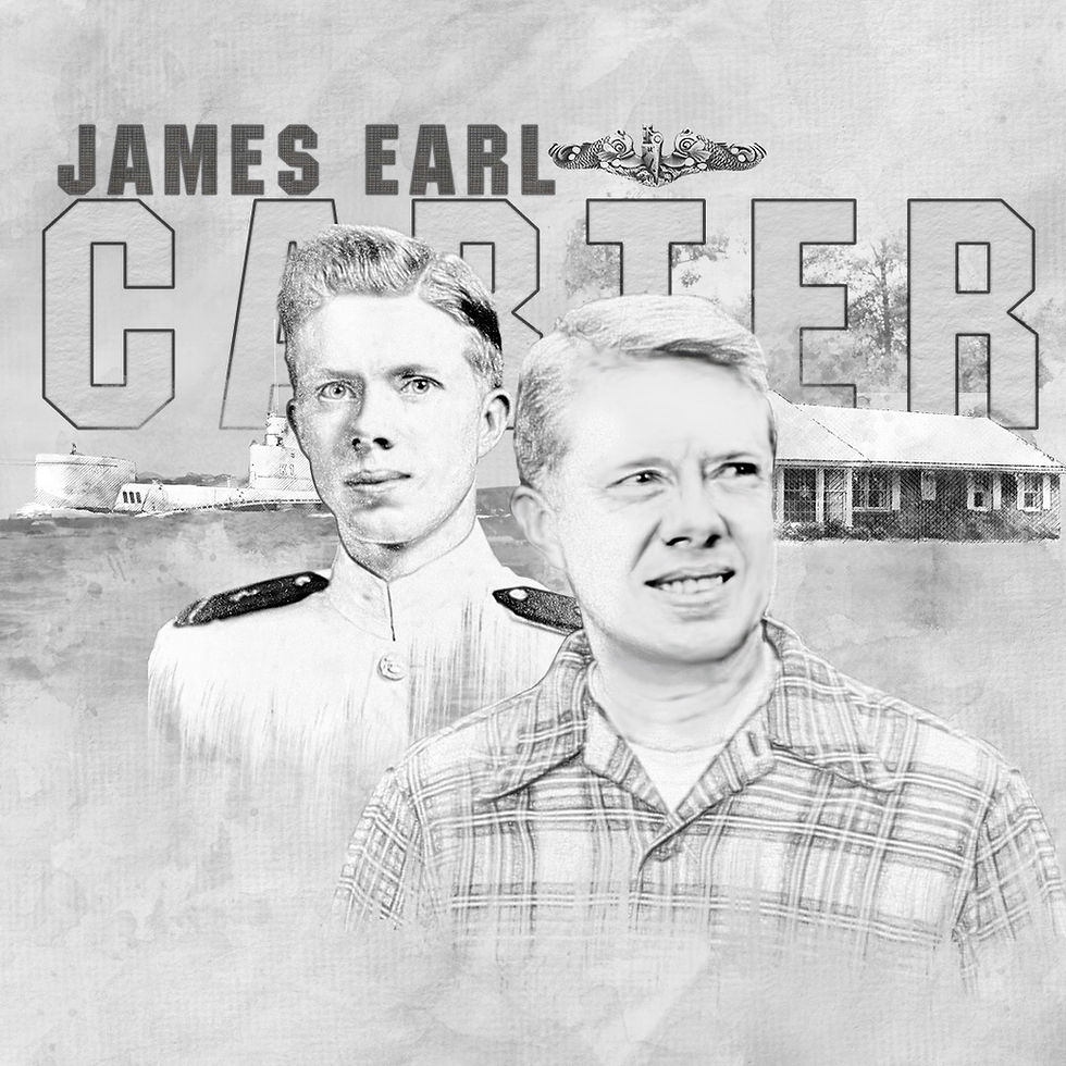 Two black and white portraits of a man in uniform and plaid shirt. Text reads "James Earl Carter." Background shows a farmhouse.