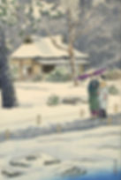 Two people walk under an umbrella in a snowy Japanese garden. A traditional house and trees dusted with snow create a serene winter scene at Rikugien in Tokyo.