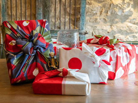 furoshiki gift wrapped presents on a table