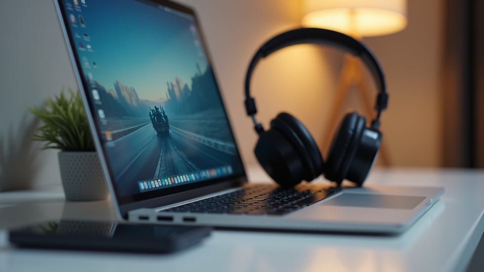 Close-up view of a sleek laptop and headphones on a minimalist desk setup