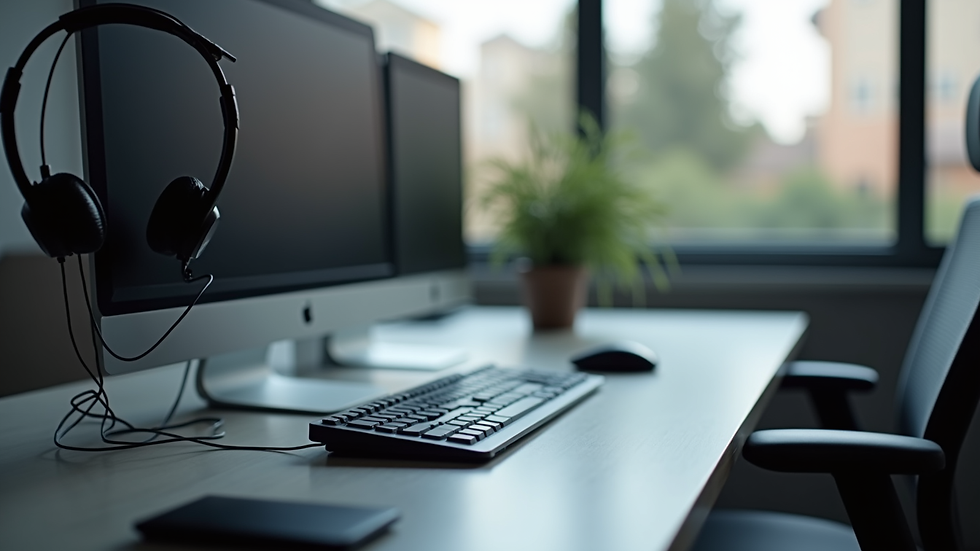 Close-up view of a modern ergonomic workspace with computer and headset