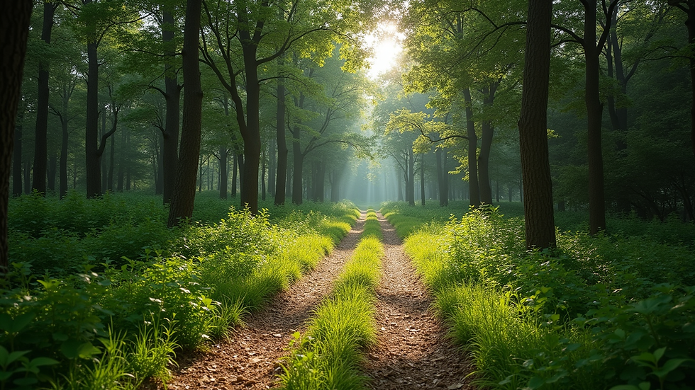 Wide angle view of green forest trail in northern Israel