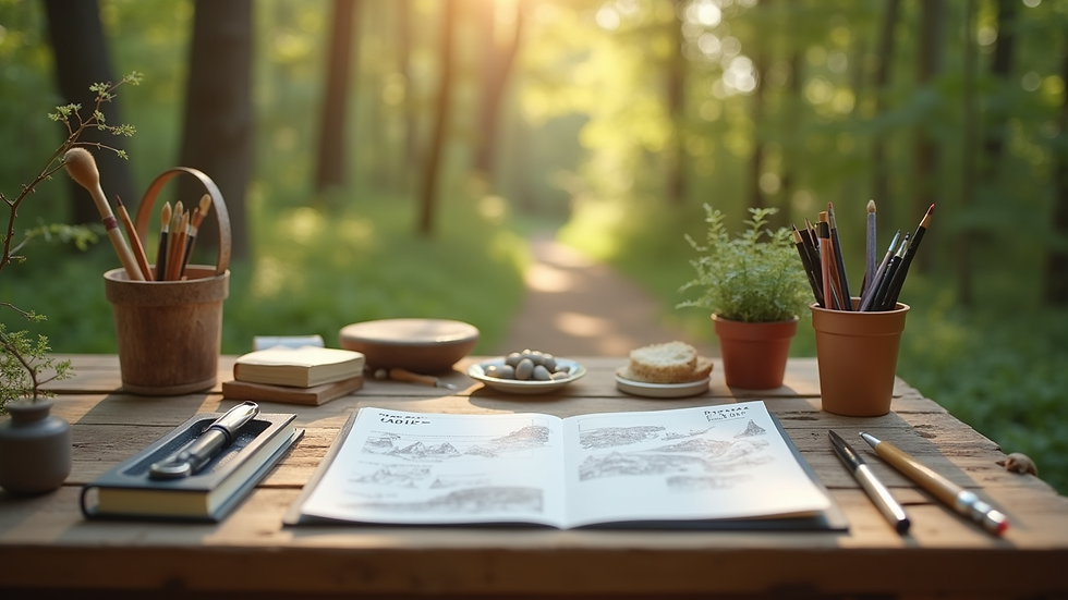 Eye-level view of wooden table with art supplies in nature
