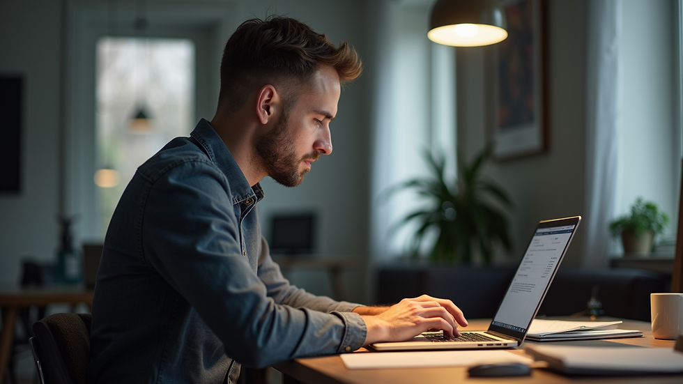 Nahaufnahme von Sven Scherer, der am Schreibtisch sitzt und auf einen Laptop schaut
