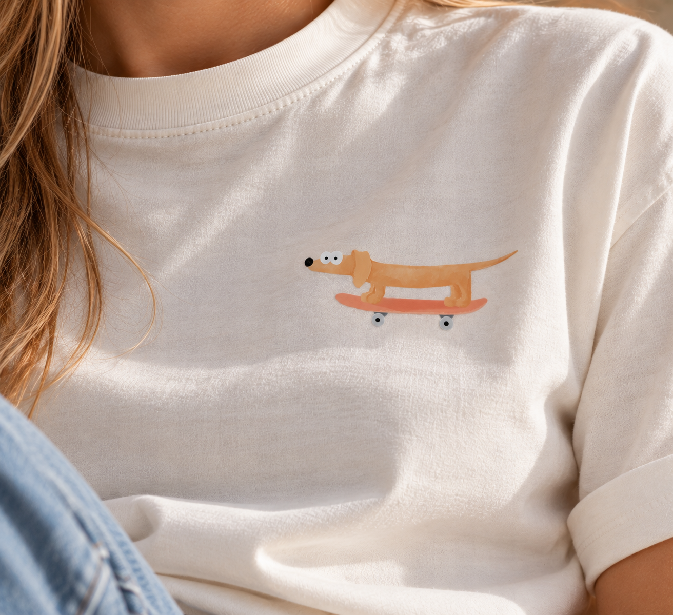 Bügelbild Dackel auf Skateboard - DTF für Tshirts, Taschen und mehr!