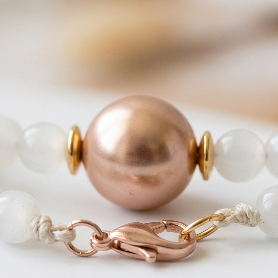 Armband met witte Cateykralen en Rosé Swarovski parel