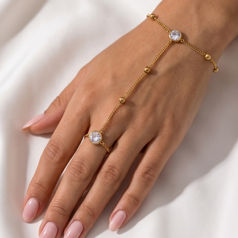 Slavenarmband of handchain met zirkoon goudkleurig