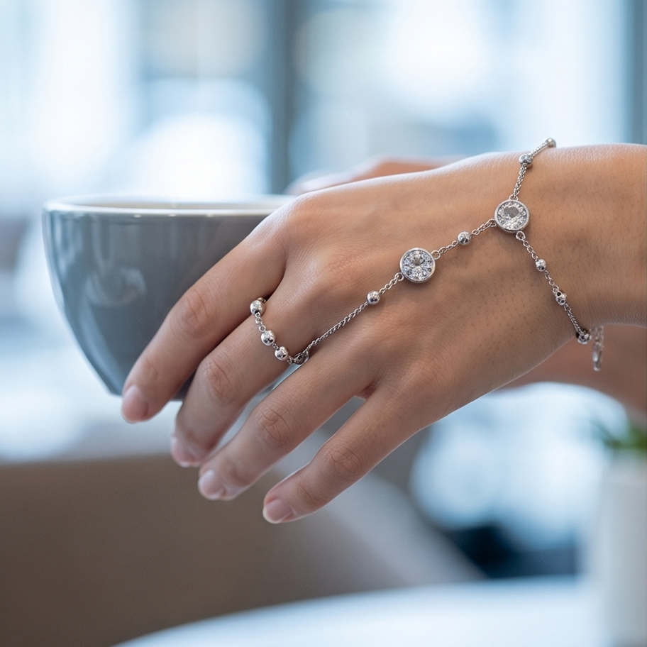 Slavenarmband of handchain met zirkoon zilverkleurig