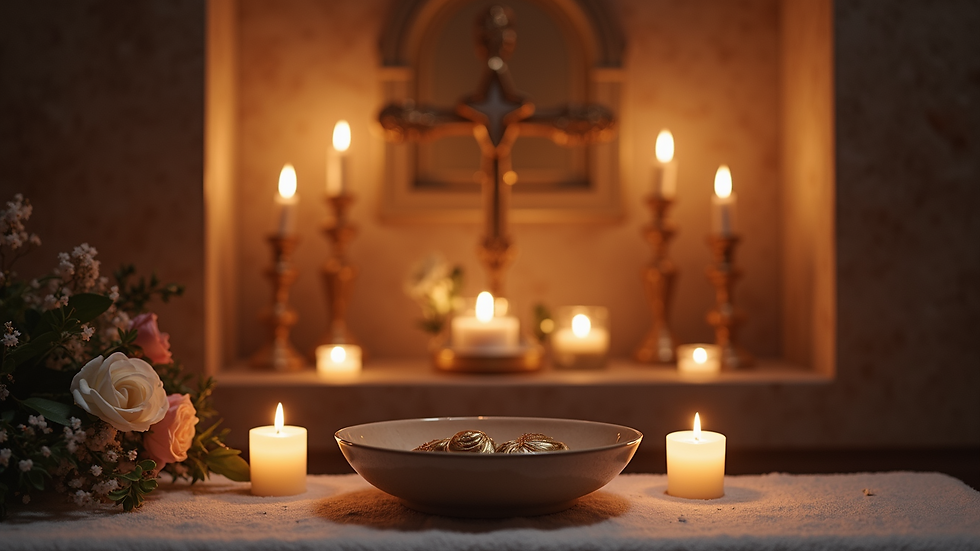 High angle view of a tranquil altar set up with candles and spiritual objects
