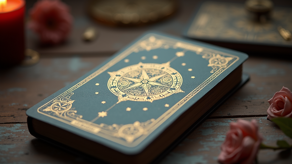 Close-up view of an open tarot card deck with mystical symbols