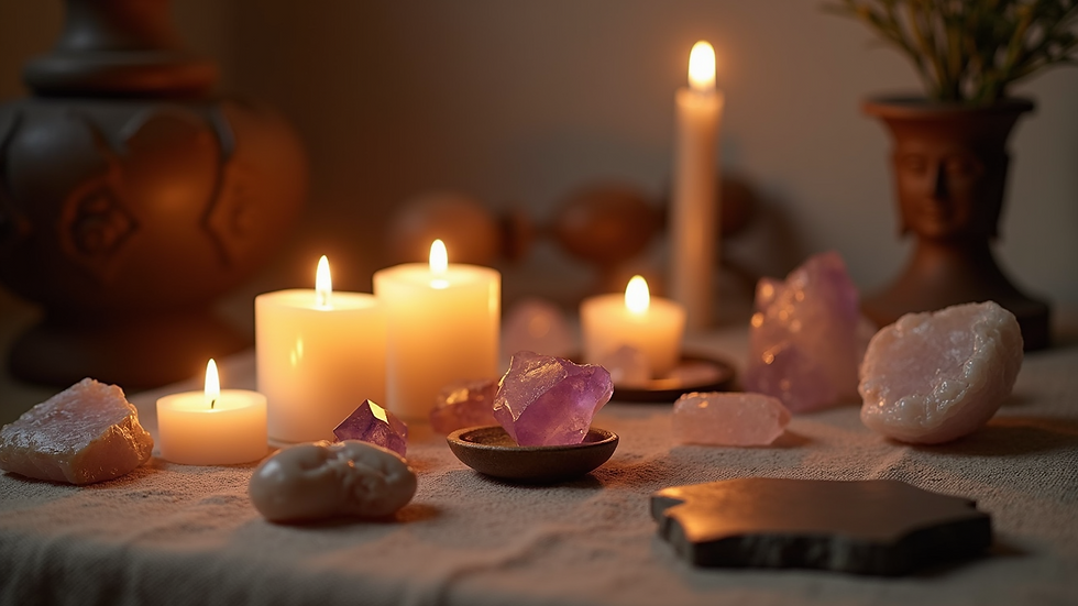 Eye-level view of a serene psychic reading space with candles and crystals