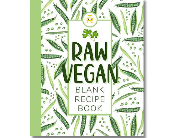 green peas and beans on a white background. Raw Vegan recipe book (blank), large cursive text in green on the cover.
