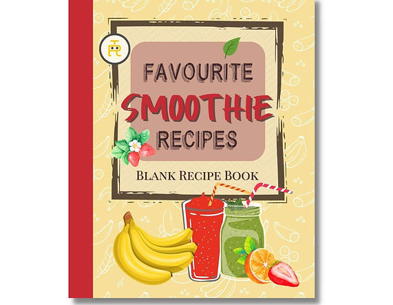 Yellow and red smoothie recipe book (blank) with glasses of smoothies and fruit on the cover.